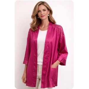 Victoria's Secret Fuchsia Pink Satin Lace Shoulder Kimono Robe M/L Romance/Lace